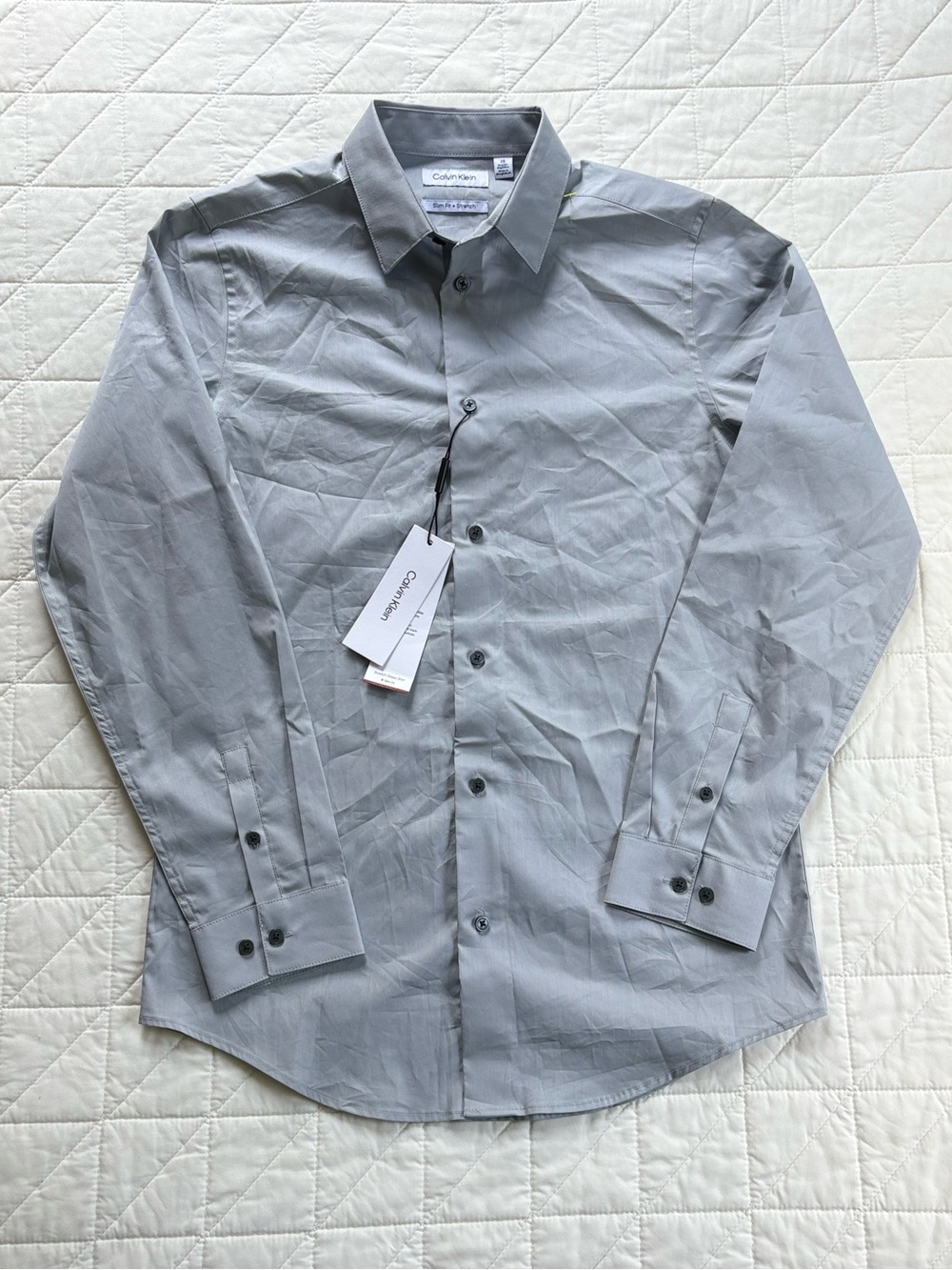 Calvin Klein Boys Slim Fit Stretch Button Dress Shirt - Light Grey - Size 18 NWT